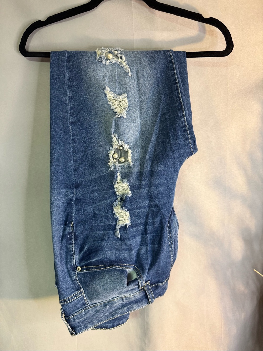 Ashley Stewart Blue Distressed Skinny Jeans with Pearl Accents